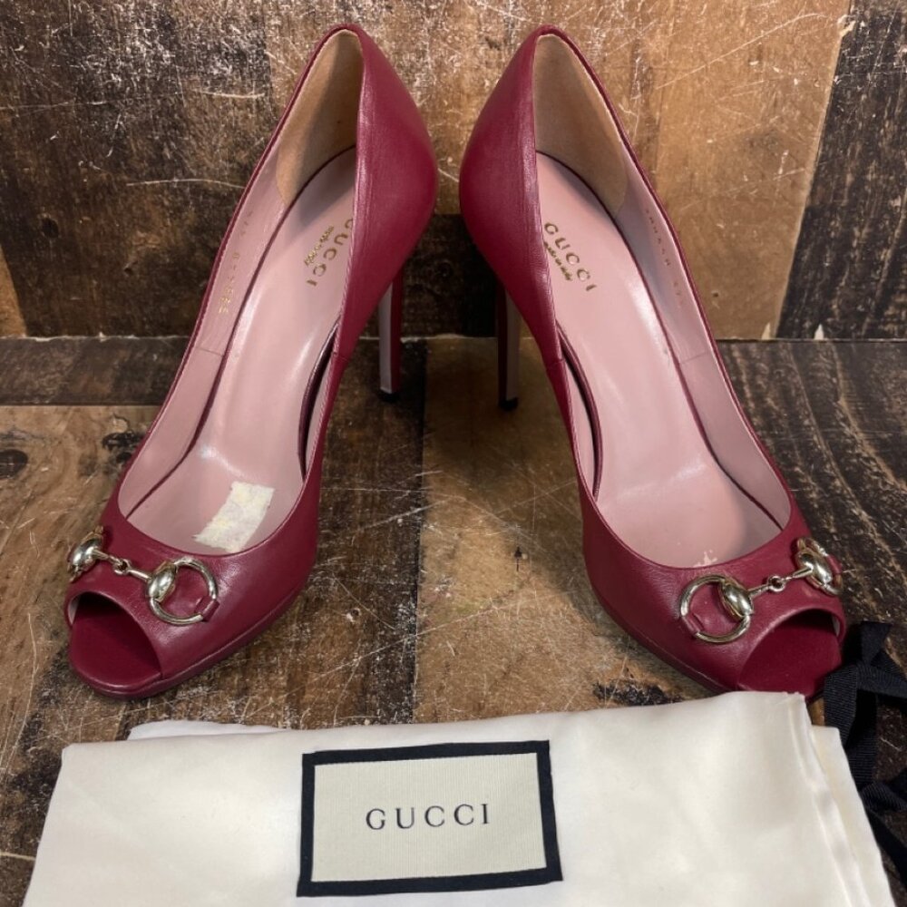 Gucci Burgundy Leather New Hollywood Horsebit Peep Toe Pumps 37.5